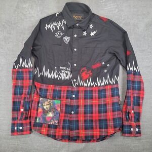 Kleep Mens Small Black Red Plaid Patchwork Graphic Button Down Shirt Streetwear